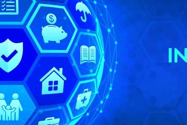 Blue digital globe with insurance-related icons—shield, heart, piggy bank, home, car, and family—on the left; “INSURANCE” and “What Your Business Needs to Know about Cyber Insurance” appear on the right against a blue background.