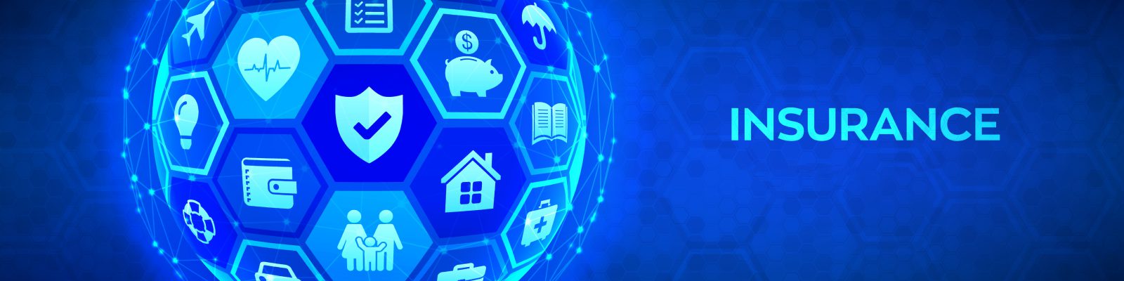 Blue digital globe with insurance-related icons—shield, heart, piggy bank, home, car, and family—on the left; “INSURANCE” and “What Your Business Needs to Know about Cyber Insurance” appear on the right against a blue background.