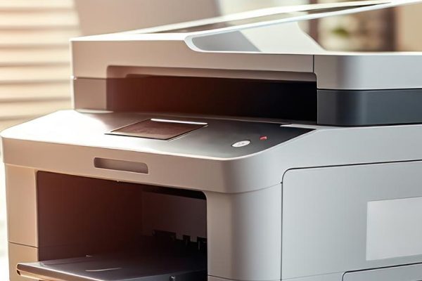 A modern office printer sits on a desk in a bright, sunlit workspace—ideal for law firms—with shelves and plants in the background.