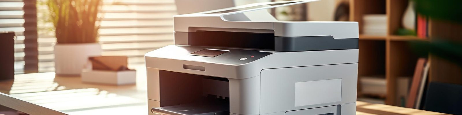 A modern office printer sits on a desk in a bright, sunlit workspace—ideal for law firms—with shelves and plants in the background.