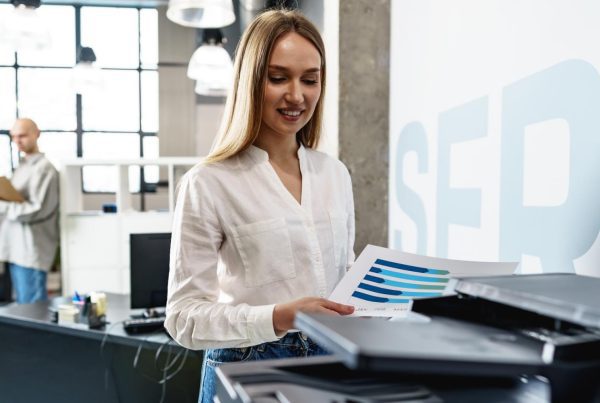 A woman stands by an office printer, holding printed charts and smiling. In the background, a man with a clipboard works at a desk in a modern, well-lit office—reflecting how Managed Print Services help SMBs reduce costs efficiently.