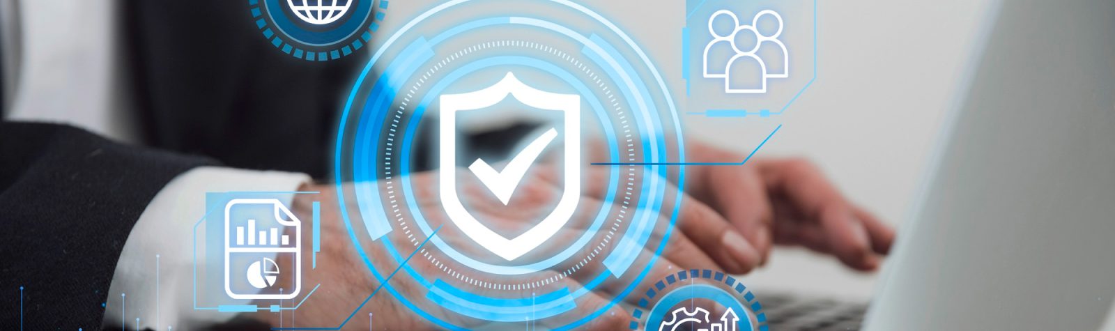 Hands typing on a laptop keyboard with digital icons overlayed, including a shield with a checkmark, graphs, people, and technology symbols, representing cybersecurity, Print security, and data protection concepts.