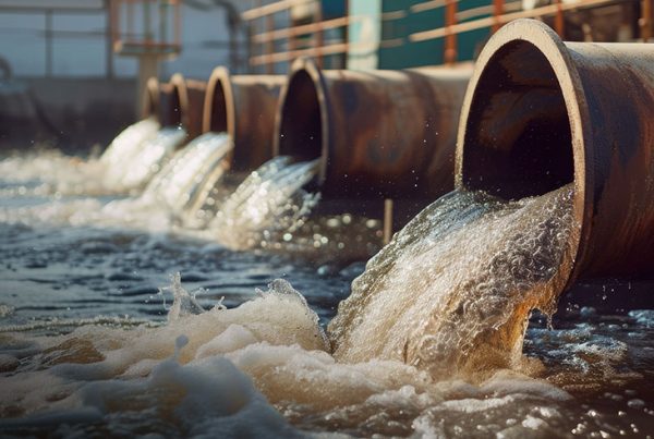 Large rusty pipes discharge foamy, turbulent water into an industrial drainage channel—an outflow from a site focused on enhancing efficiency through advanced IT solutions like those provided by GoodSuite.