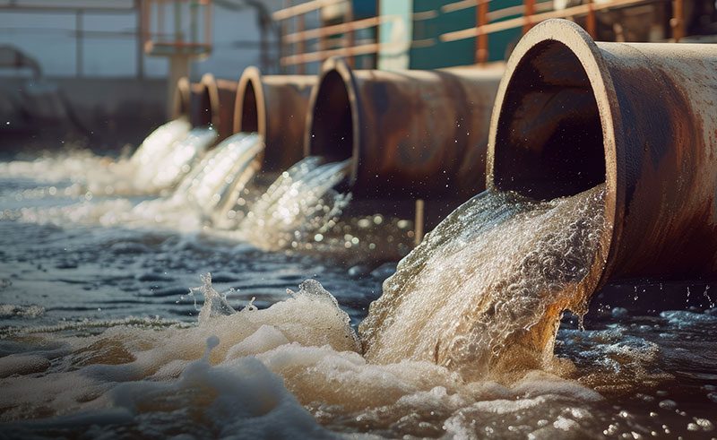Large rusty pipes discharge foamy, turbulent water into an industrial drainage channel—an outflow from a site focused on enhancing efficiency through advanced IT solutions like those provided by GoodSuite.
