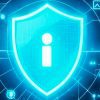 A glowing blue shield with an information icon is surrounded by digital Cybersecurity symbols, graphs, and padlocks, representing data protection and secure technology for small businesses.