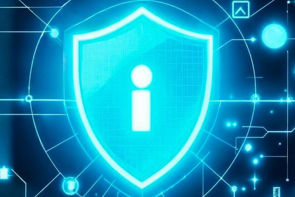 A glowing blue shield with an information icon is surrounded by digital Cybersecurity symbols, graphs, and padlocks, representing data protection and secure technology for small businesses.