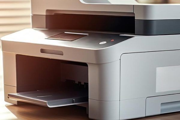 A modern, gray multi-function printer (MFP) sits on a desk in a well-lit office with shelves and a window with blinds in the background.