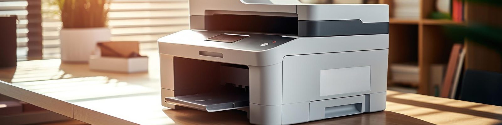A modern, gray multi-function printer (MFP) sits on a desk in a well-lit office with shelves and a window with blinds in the background.