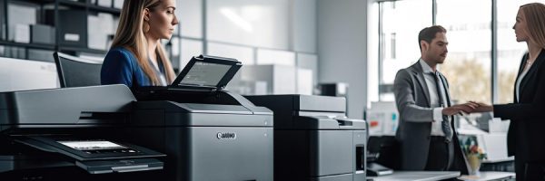 A woman sits near a large office printer, while a man and woman in business attire discuss the benefits of Managed Print Services and shake hands in a modern, bright office environment.