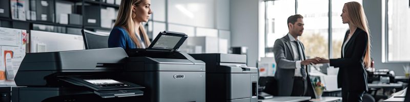 A woman sits near a large office printer, while a man and woman in business attire discuss the benefits of Managed Print Services and shake hands in a modern, bright office environment.
