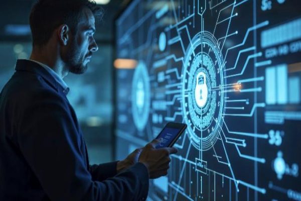 A man holding a tablet stands in front of a large digital screen displaying IT security graphics, including a padlock icon and data charts, in a modern, dimly lit office setting focused on IT security strategy.