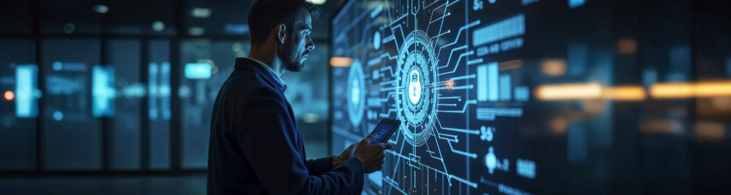 A man holding a tablet stands in front of a large digital screen displaying IT security graphics, including a padlock icon and data charts, in a modern, dimly lit office setting focused on IT security strategy.