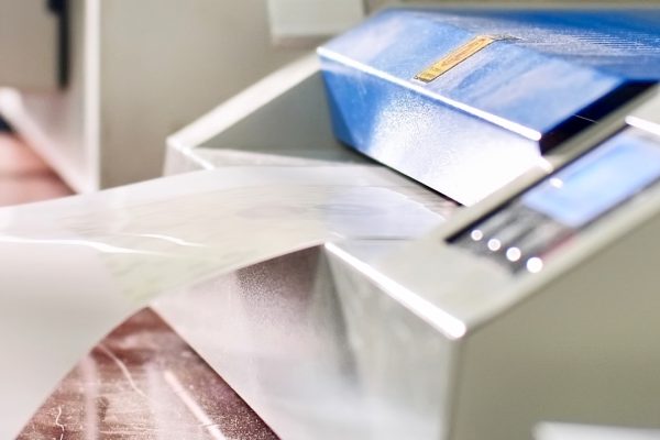 A close-up of a person’s hand feeding a sheet of paper into a laminating machine, as the machine covers the paper with clear plastic film for added document protection.