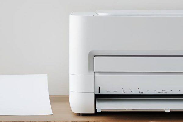 A white printer on a wooden desk with a sheet of paper coming out, next to a potted plant and a white box, highlights the importance of print security against a plain beige wall.
