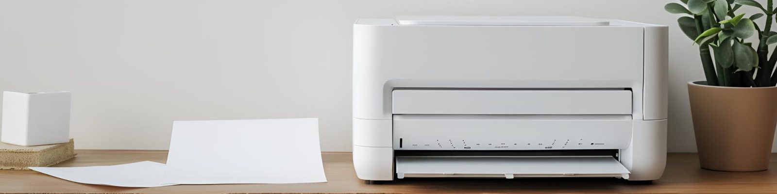 A white printer on a wooden desk with a sheet of paper coming out, next to a potted plant and a white box, highlights the importance of print security against a plain beige wall.