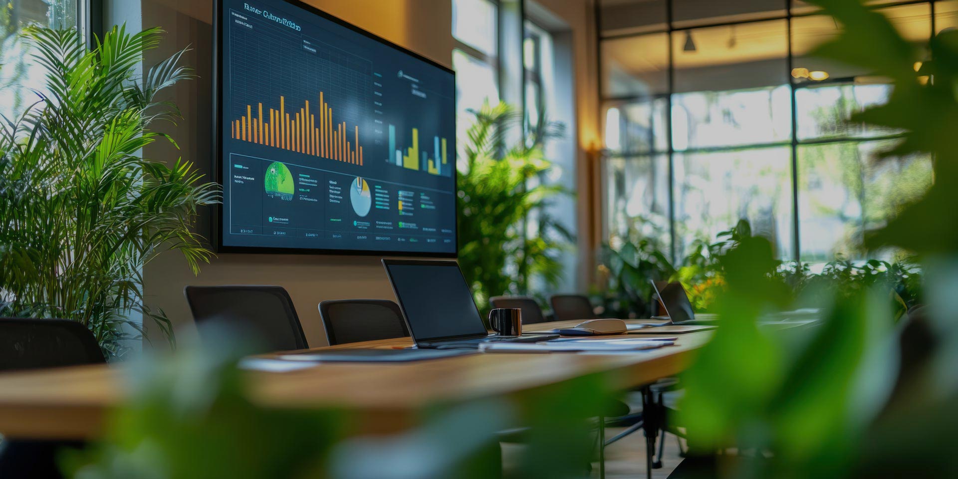 A modern conference room with a long table, laptops, and a large screen displaying charts and graphs. Enhanced by advanced Audio Visual solutions, the well-lit room features large windows and is surrounded by green plants.