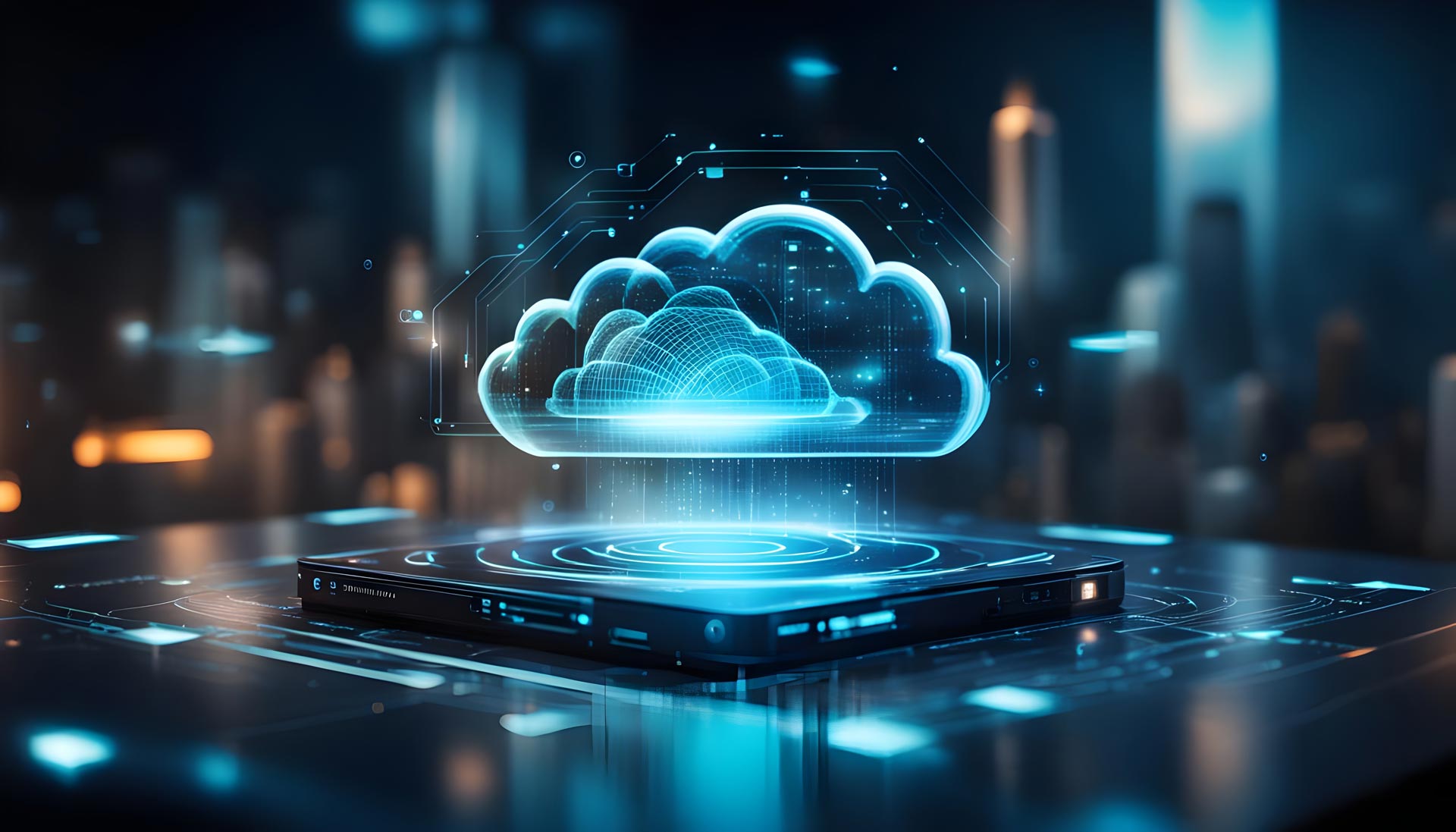 A glowing cloud icon hovers above a futuristic laptop, surrounded by digital circuits, symbolizing cloud computing, backup, and disaster recovery in a high-tech cityscape background.