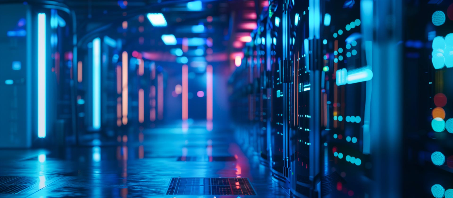 A futuristic data center hallway with rows of illuminated server racks, designed for seamless backup and disaster recovery, glowing with blue and pink lights that reflect on the shiny floor in a high-tech, modern environment.