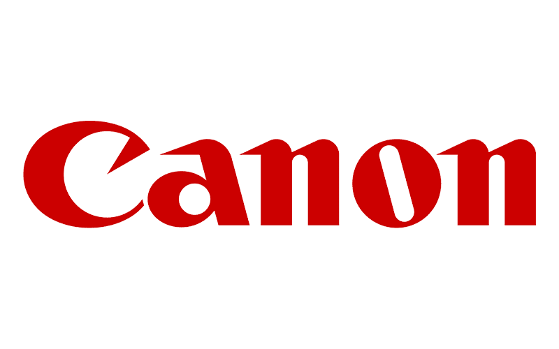 The image shows the red Canon logo with stylized, bold lettering on a white background.