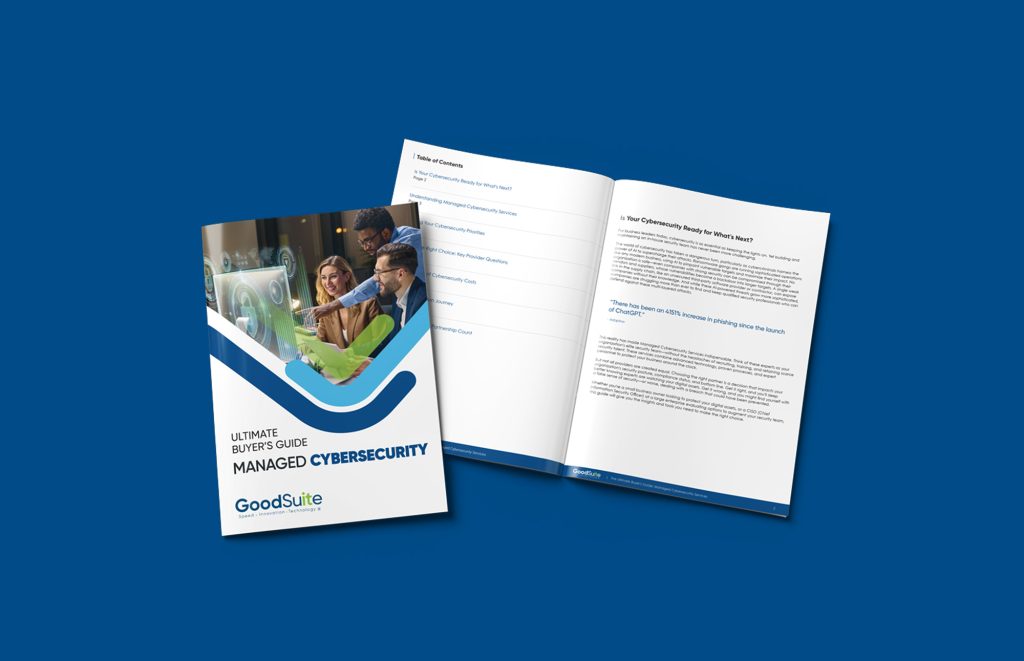 A brochure titled Ultimate Buyer’s Guide: Managed Cybersecurity Services by GoodSuite is shown closed on the left and open on the right, displaying a table of contents and content on a blue background.