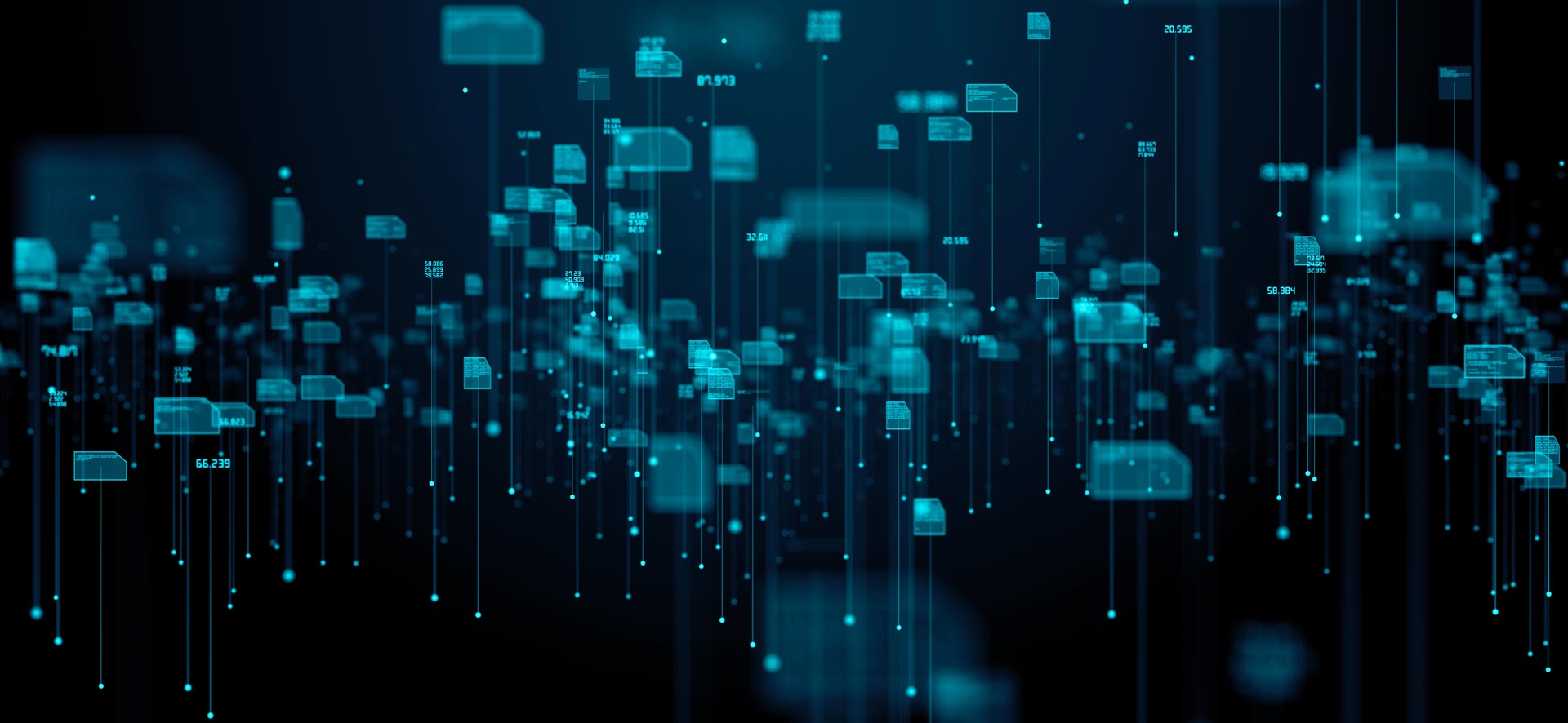 A digital illustration shows glowing blue squares and rectangles connected by vertical lines on a dark background, representing cybersecurity, data, technology, or networking concepts.