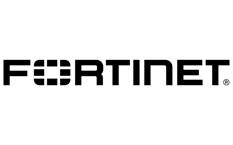 The image shows the Fortinet logo with the brand name FORTINET in bold, black, stylized capital letters. The O is represented by a segmented square, suggesting security or a digital theme.