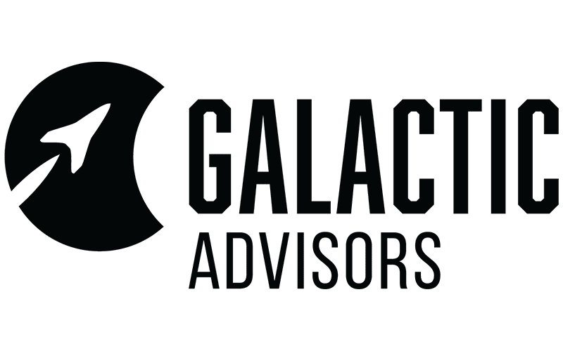 A black rocket ship inside a circular shape is next to the bold, uppercase words GALACTIC ADVISORS on a light gray background.