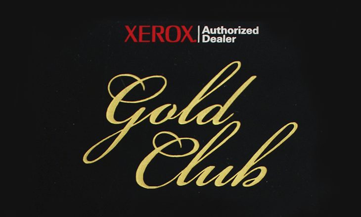 Gold-Club Black background with XEROX Authorized Dealer in red and white at the top, GoodSuite featured prominently, and Gold Club in elegant gold script below.