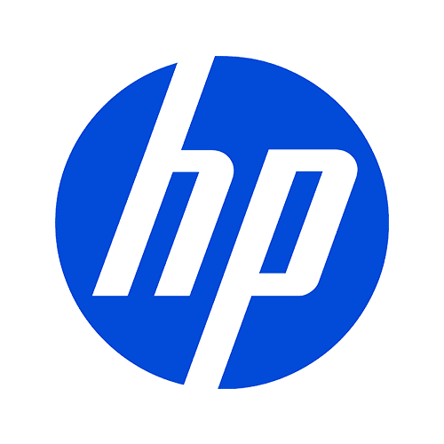 The image shows the HP logo, featuring lowercase white letters hp inside a solid blue circle, set against a light gray background.