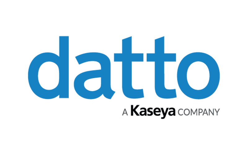The image displays the logo for Datto, with the word datto in large blue letters and the phrase A Kaseya Company in smaller black and gray text beneath it on a light background.