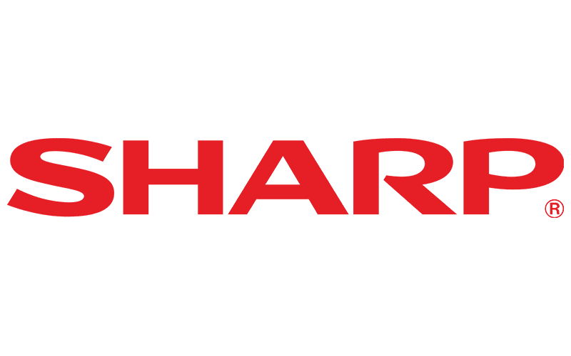The image shows the SHARP company logo in bold red, uppercase letters on a white background.