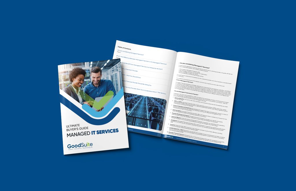 A booklet titled Ultimate Buyers Guide: Managed IT Services, featuring two people looking at a tablet on the cover, with an open page showing contents and text, all set against a blue background. Perfect for exploring Managed IT Services options.