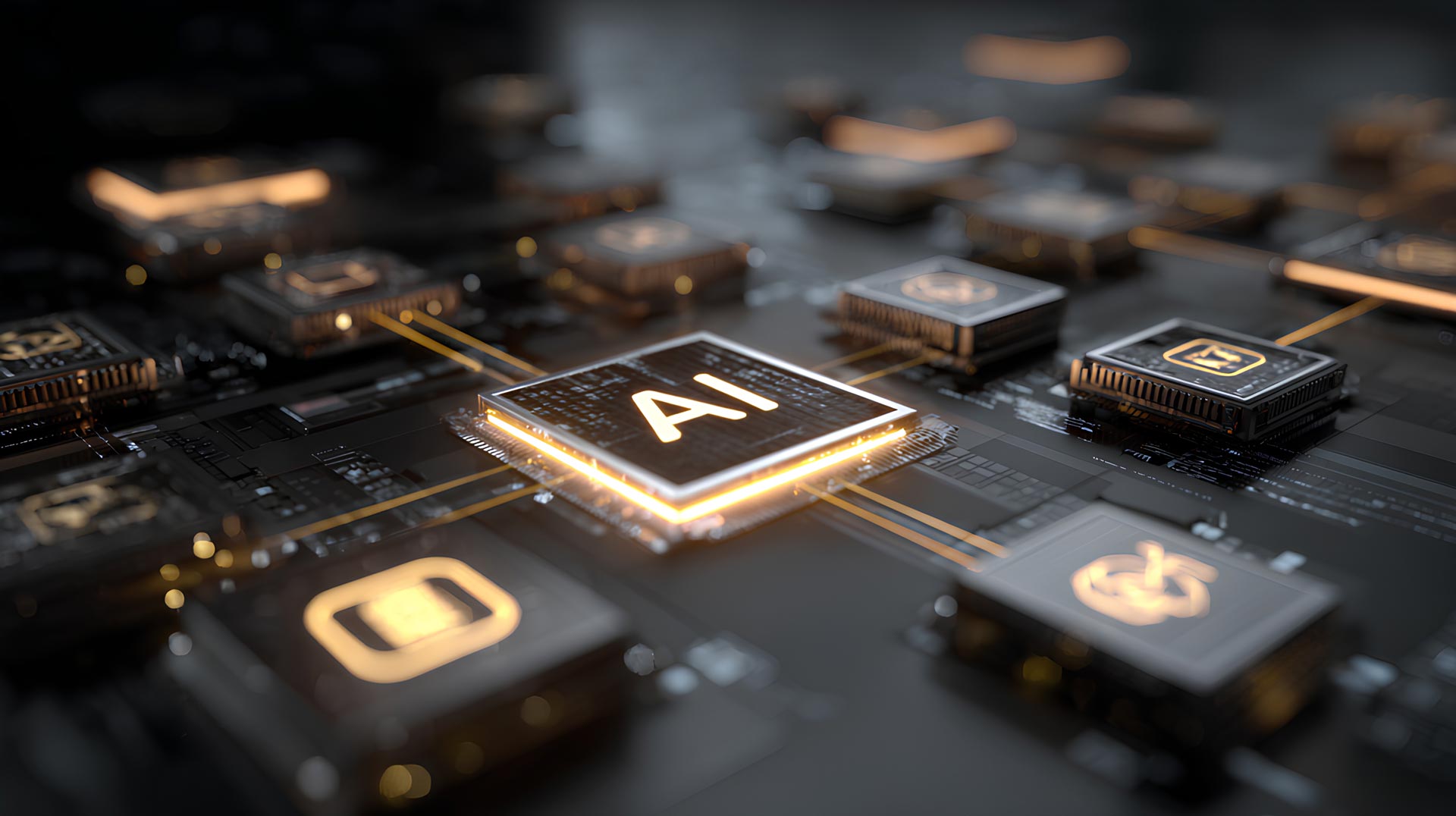 Close-up of interconnected microchips on a circuit board, with a central glowing chip labeled AI. Surrounding chips display technology icons, symbolizing artificial intelligence, workflow automation, and digital connectivity.