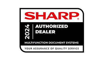 Website-Awards-Sharp-Authorized-Dealer-2023 Badge with SHARP 2024 AUTHORIZED DEALER in bold text, featuring GoodSuite and MULTIFUNCTION DOCUMENT SYSTEMS plus YOUR ASSURANCE OF QUALITY SERVICE below on a black and white background.