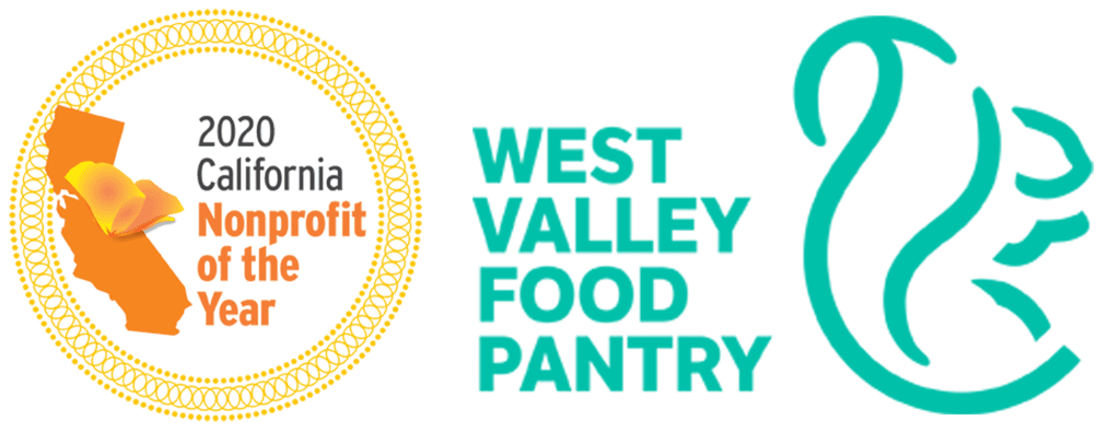 West Valley Food Pantry Logo featuring a gold seal that reads 2020 California Nonprofit of the Year beside turquoise text West Valley Food Pantry and an abstract turquoise outline of a face in profile.