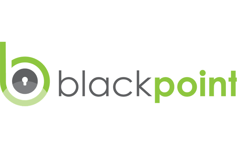 Logo for blackpoint featuring a green and gray circular design resembling a lock next to the text; black is in gray and point in green lowercase letters.