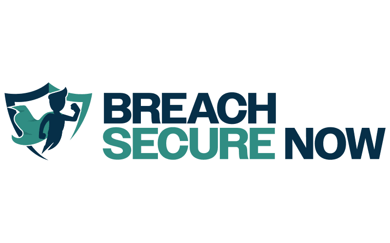 Logo with a shield and a superhero figure on the left, and the words BREACH SECURE NOW in bold blue and teal letters on the right.