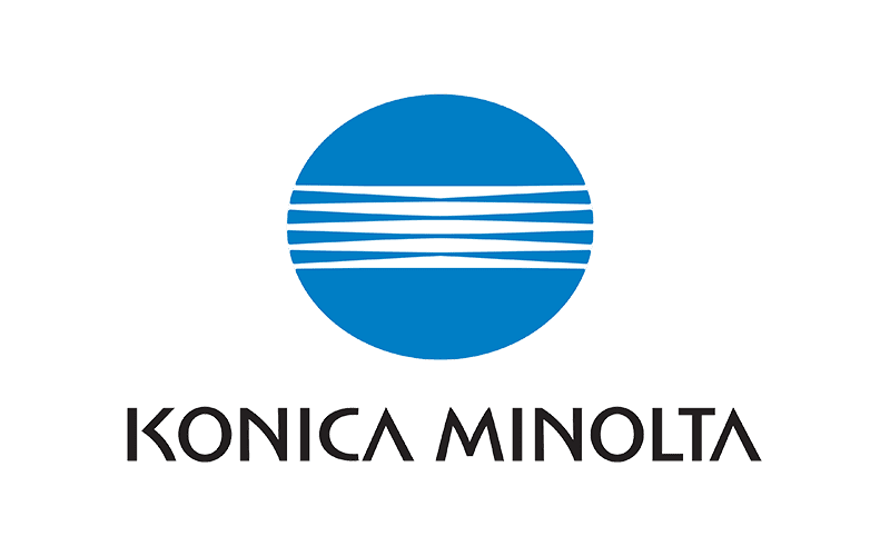 The Konica Minolta logo featuring a blue circle with five horizontal white lines and the text KONICA MINOLTA in black, stylized font below it on a white background.