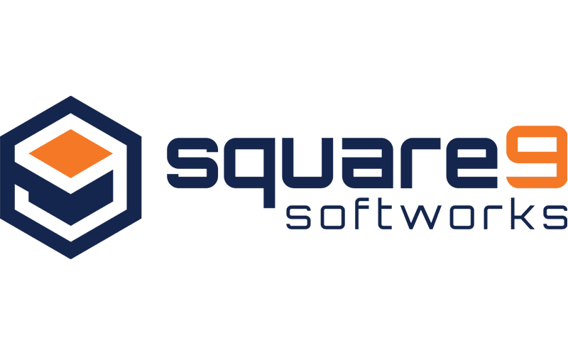 Logo for Square 9 Softworks featuring a geometric hexagonal icon with an orange square inside, next to the words square9 softworks, with 9 and softworks in orange.