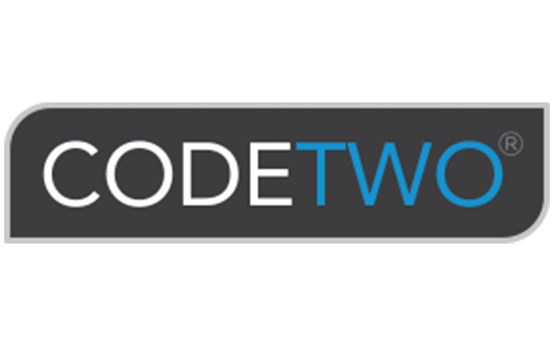 Logo with the word CODETWO in uppercase, where CODE is in white and TWO is in blue, set against a dark rectangular background with rounded edges.