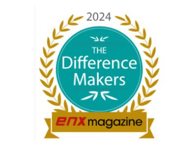 A teal and gold badge with laurel leaves reads 2024 THE Difference Makers, celebrating Brent Portera, above a red and yellow enx magazine banner.