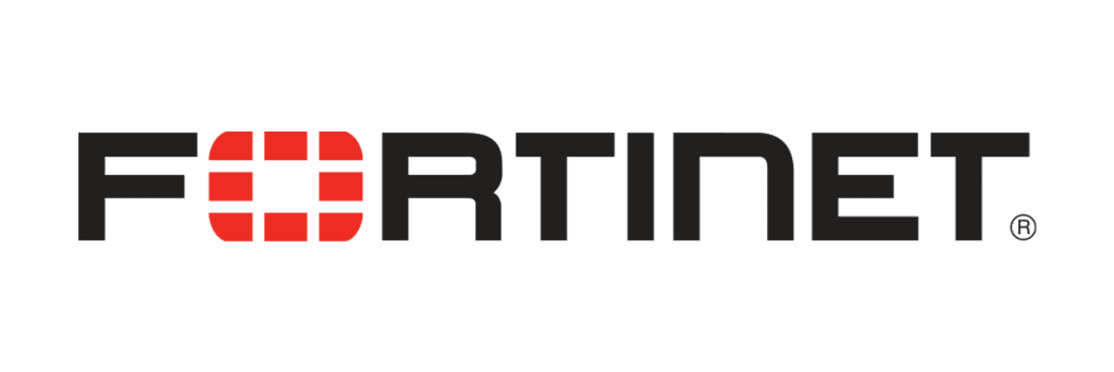 Fortinet Logo Fortinet logo with the word FORTINET in black capital letters, featuring a red square shield design within the letter O to represent cybersecurity strength.