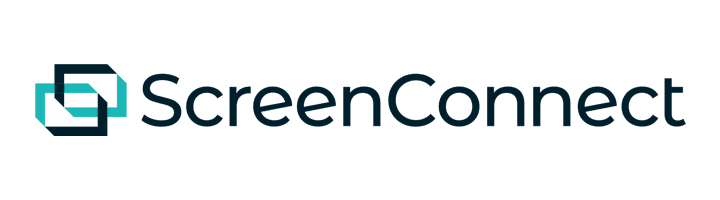 Screen Connect Logo for ScreenConnect, featuring two overlapping geometric shapes on the left and the word ScreenConnect in bold, modern font on the right. Designed for Managed IT Services, the background is light gray.