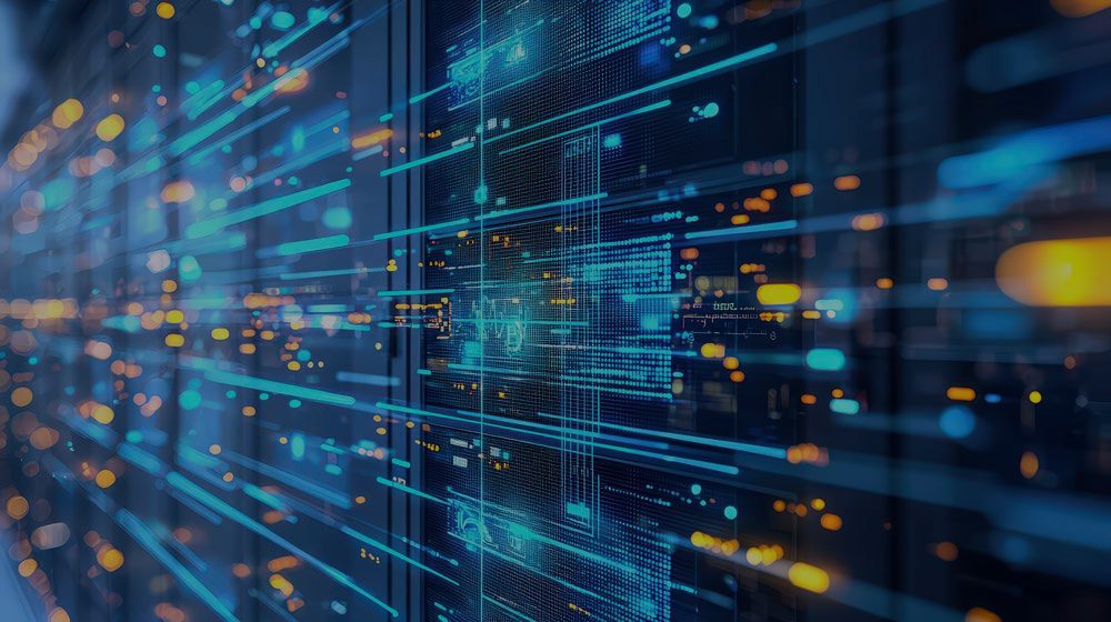 A futuristic server room with glowing blue and orange digital lines overlays computer server racks, symbolizing advanced technology, seamless relocation, and operational continuity—hallmarks of GoodSuite’s innovative data processing solutions.