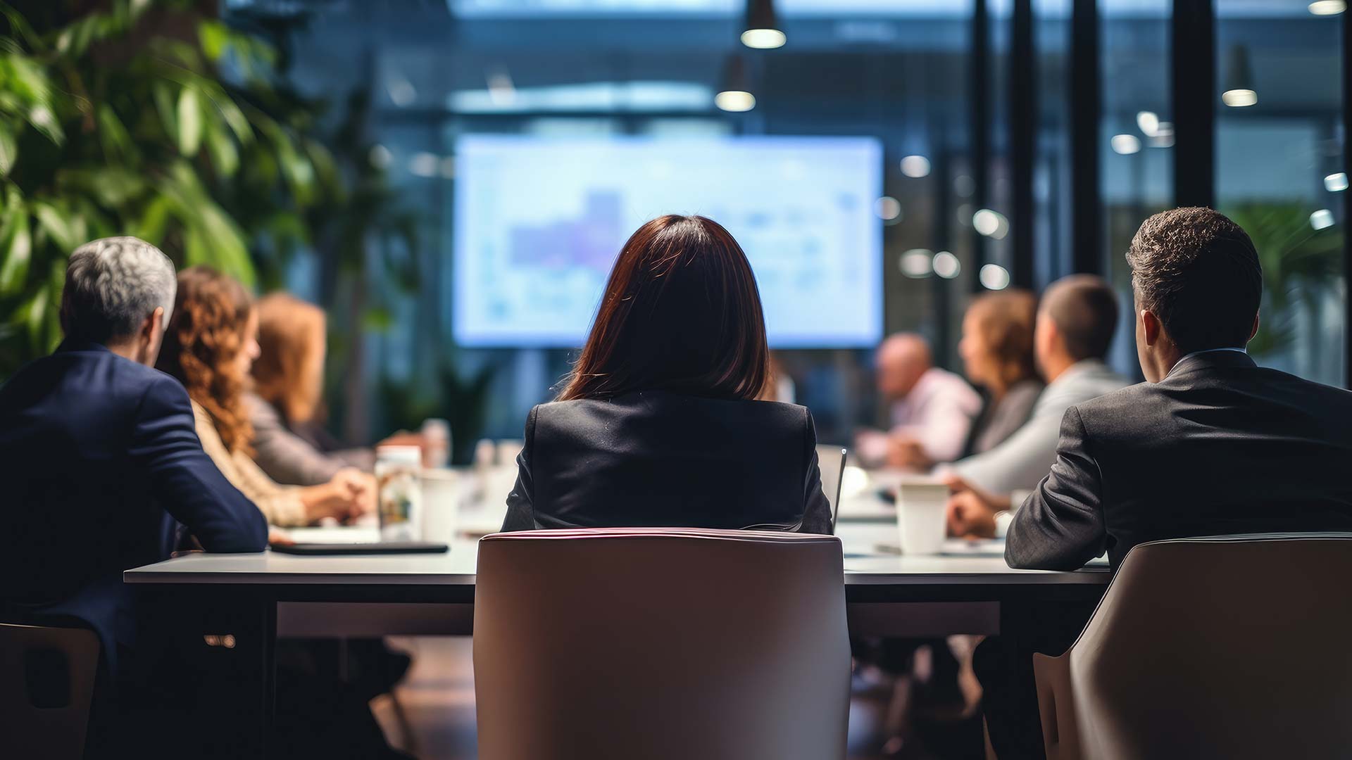 A group of business professionals sit around a conference table, reviewing case studies on a screen in a modern office with plants and glass walls.