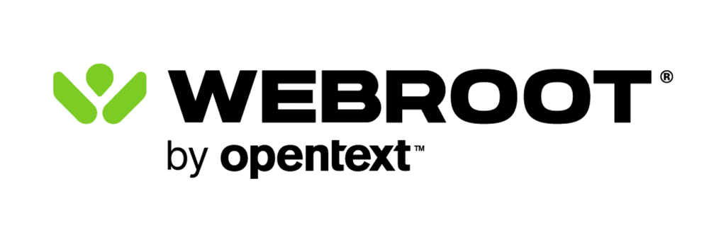 webroot Logo Webroot logo with a green abstract cybersecurity symbol on the left, the word WEBROOT in bold black letters, and by opentext in smaller black text below on a light background.