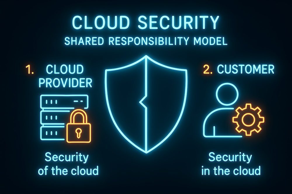 Neon graphic showing Cloud Security Shared Responsibility Model. Cloud provider handles security of the cloud with a server and lock icon; customer, using Microsoft 365 Security features, handles security in the cloud with a user and gear icon.