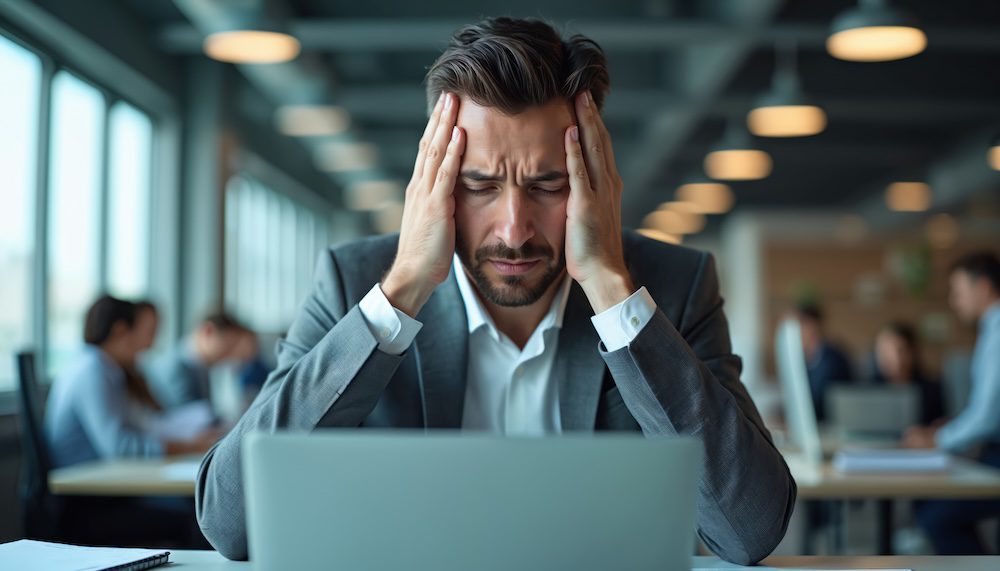 A man in a suit sits at a desk in an office, holding his head in his hands and looking stressed while staring at his laptop screen, likely worried about IT budgeting. Other people are working in the background.