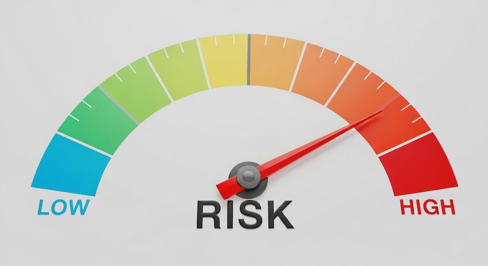 A gauge labeled RISK with a needle pointing toward the red HIGH section, transitioning from green LOW to yellow and orange, illustrates increased risk levels related to Microsoft 365 Security.