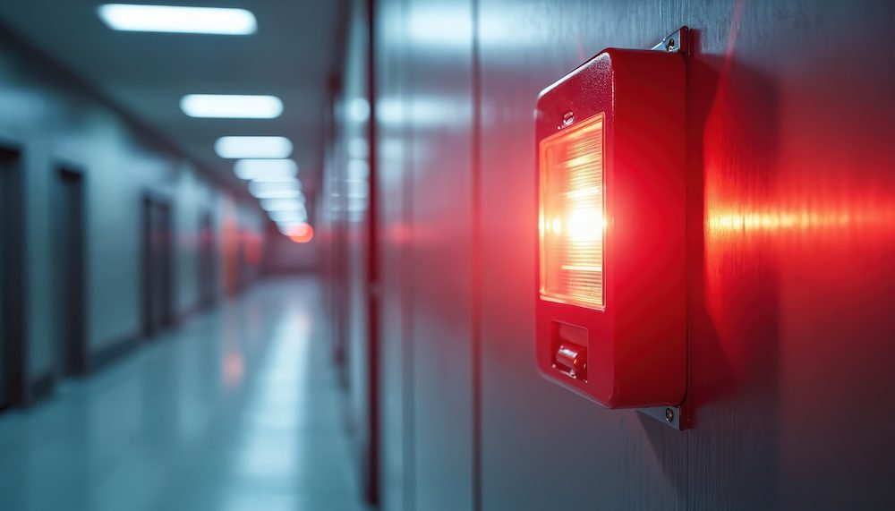 A bright red emergency alarm light, symbolizing alerts and protection, is mounted on a wall in a modern hallway with closed doors and reflective floors. The corridor extends into the distance, illuminated by ceiling lights.